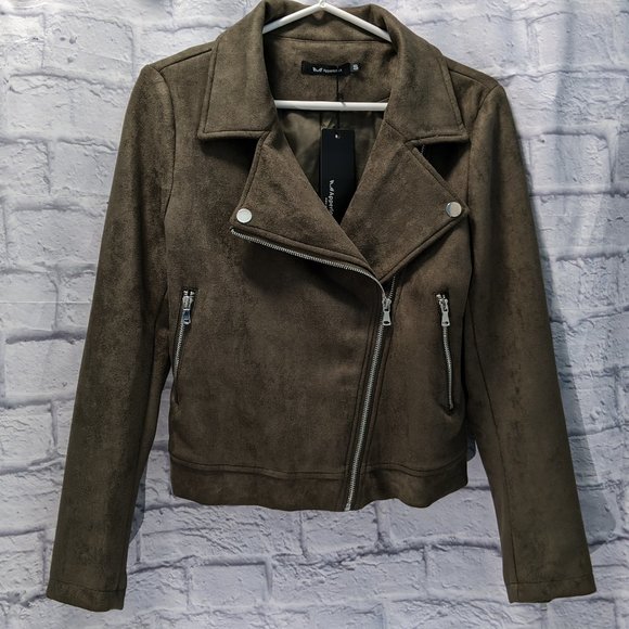 NWT army olive green faux suede moto jacket